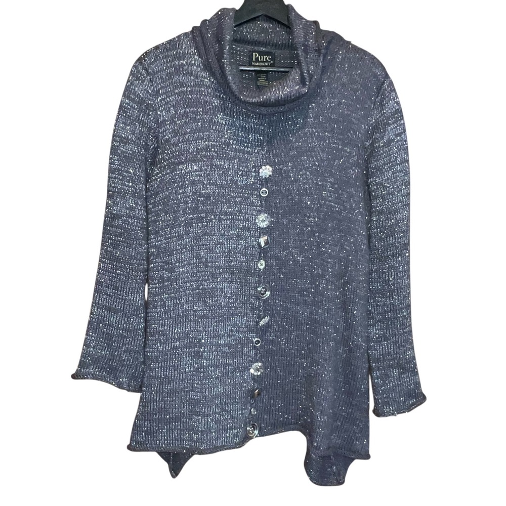 Pure Handknit Womens Tunic Sweater S/M Gray Metallic Button Detail Cowl Neck